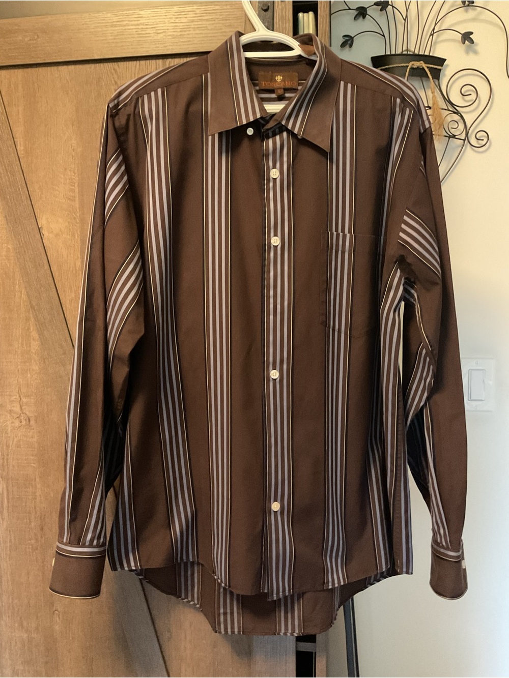 TOSCANO 100% Cotton Men's Chocolate Brown with Blue Striped Button-Up Shirt.